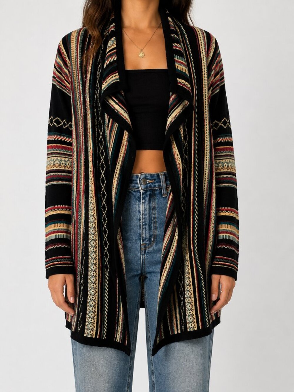 Orvis Open Front Cardigan Womens Medium Black Striped Textured Southwest Sweater